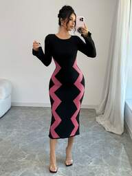 Elenzga Women's Contrast Color Pattern Flare Sleeve Fitted Knit Dress