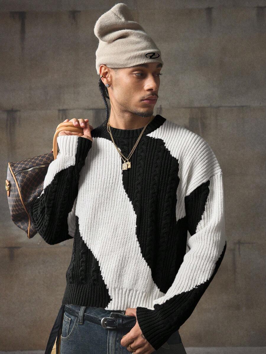 AXEPEAK Men's Autumn/Winter Fashion Color Block Patchwork Sweater - Multicolor - View 1