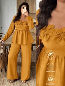 Weeklong Conjunto de 2 piezas de camisa con cuello cuadrado y volantes en el bajo con decoración floral y pantalones de pierna ancha para mujer talla grande - Amarillo - Ver 1