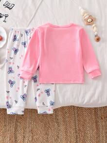 2pcs Baby Girls' Long Sleeve Top With Koala Print And Full Print Pants Comfortable Pajama Set, Autumn/Winter Flannel Sleepwear - Multicolor - View 2