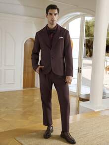 Calvornis 男士纯色酒红色简约休闲长袖西装套装，包含外套和裤子，商务正装两件套，冬季休闲套装 - 酒紅色 - 查看 5