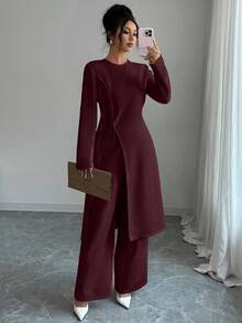 Elenzga 2pcs Women's Elegant Solid Color Split Hem Top And Wide Leg Pants Set, Autumn - Brown - View 1
