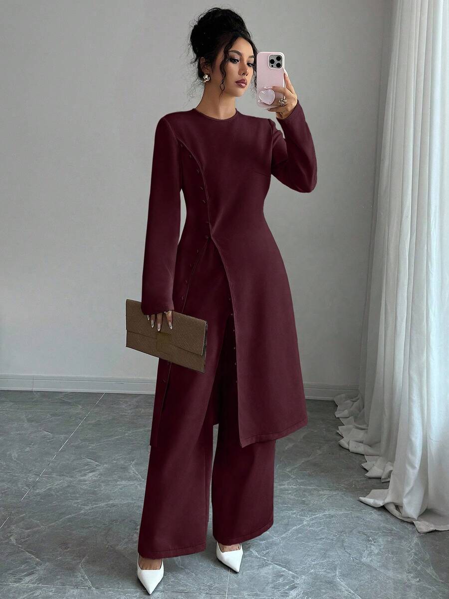 Elenzga 2pcs Women's Elegant Solid Color Split Hem Top And Wide Leg Pants Set, Autumn - Brown - View 1