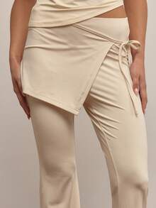 MUSERA Quần ống loe cạp trung, chất liệu jersey, xếp lớp, buộc dây bên hông, thích hợp cho buổi tối đi chơi, công sở, gợi cảm, dự tiệc mùa hè, phong cách thường ngày. - Vàng nhạt - Xem 6