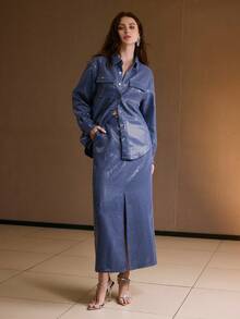 MOTF PREMIUM SEQUIN FRONT BUTTON DENIM SHIRT, AUTUMN/WINTER - Blue - View 4