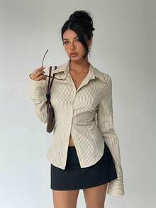 Aloruh Women's Casual Commuter Striped Cinched Waist Shirt - Yellow - View 8