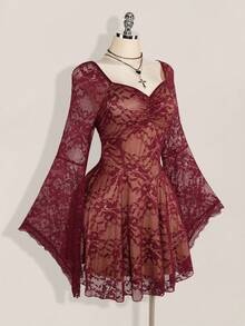 SHEIN ICON Plus Size Square Neck Ruched Lace Flare Sleeve Contrast Color Dress, Y2K Party Dress, Halloween Costume, Witch - Burgundy - View 4