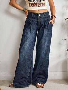 EMERY ROSE Damskie jeansy z szerokimi nogawkami i kieszeniami, luźne, uniwersalne - Ciemny jeans - Zobacz 4