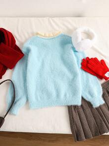 SHEIN Girls' Snowman Pattern Simple Turndown Collar Casual Solid Color Knit Pullover Sweater, Soft & Comfortable, Suitable For Autumn/Winter, Christmas