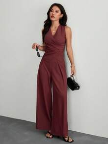 SHEIN PETITE 夏季优雅通勤纯色背心和裤子套装 - 酒紅色 - 查看 3