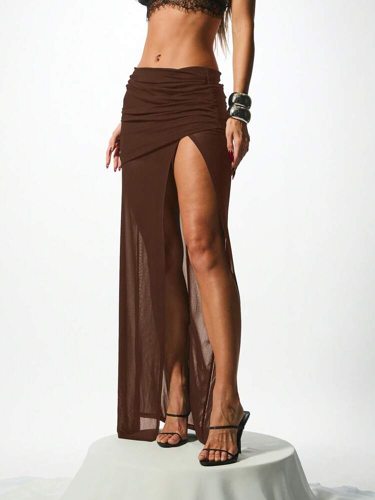 KIZN Sheer Mesh Draped Maxi Skirt With Slit
