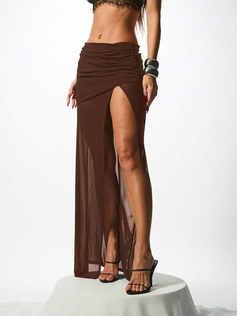 KIZN Sheer Mesh Draped Maxi Skirt With High Side Slit Ruched Waist Floor Length Evening Party Skirt - Chocolate Brown - View 1