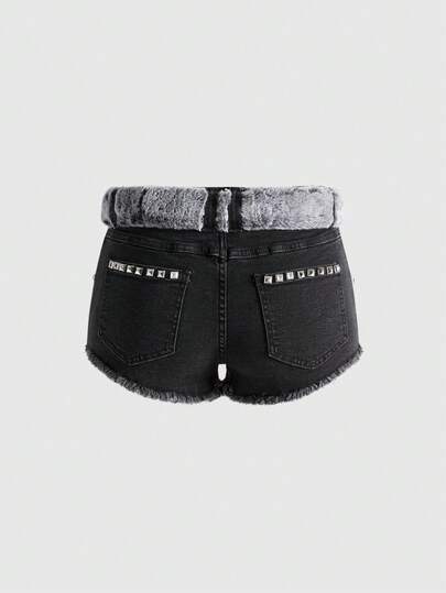 J-Fashion Short en jean mini taille basse délavé style Y2K avec décoration de croix et rivets pour femmes, style rétro chic, automne/hiver