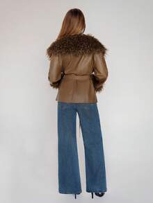 SHEIN ICON Women's Brown Faux Fur & Leather Patchwork Collar & Cuffs Shearling Long A-Line Windbreaker Coat, Commuting & Casual, Sexy, Autumn/Winter - Brown - View 2