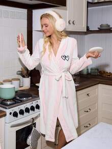 SweetSlumber Women's French Elegant Striped & Contrast Heart Embroidery Cozy Loose Tie Waist Fluffy Winter Robe - Multicolor - View 4