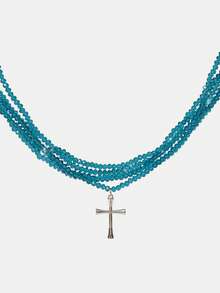 Y2Kool 1pc 5-Layer Cross Necklace With Glass Crystal Suitable For Daily Wear, Unisex - Red - View 3