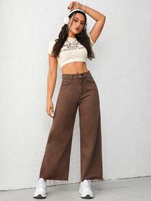 SHEIN ICON Jeans rectos de talle elástico con dobladillo deshilachado para mujer talla grande, color marrón café - Café integral - Ver 6