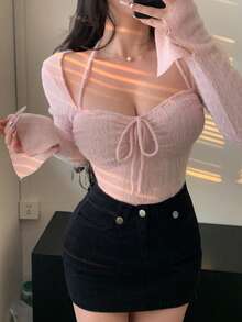 DAZY 女士长袖纹理毛绒系带领口抽绳喇叭袖上衣，粉色，秋冬Y2K风格 - 西瓜粉 - 查看 1