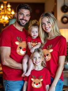 Manfinity RelaxMax 男士可爱小鹿图案T恤，适合家庭聚会、情侣约会、送给男友/老公的礼物、圣诞节 - 紅色 - 查看 1