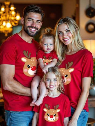 Manfinity RelaxMax Men's Cute Deer Pattern T-Shirt, Suitable For Family Gatherings, Couple Dates, Boyfriend/Husband Gifts, Christmas Dad And Daughters Shirts Matching Family Outfits