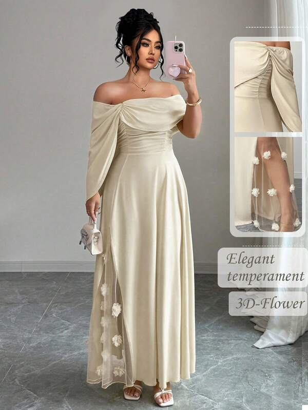 Elenzga Vestido asimétrico elegante con parches de malla y estampado floral retro francés de moda