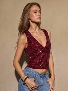 SHEIN BAE Autumn/Winter Nightclub Party Fashion Sexy Red Sequined V-Neck Top, Party Top, Nightclub Top, Christmas, New Year's, Women's Fashion Top, Sequined Top,Red Top - Burgundy - View 5