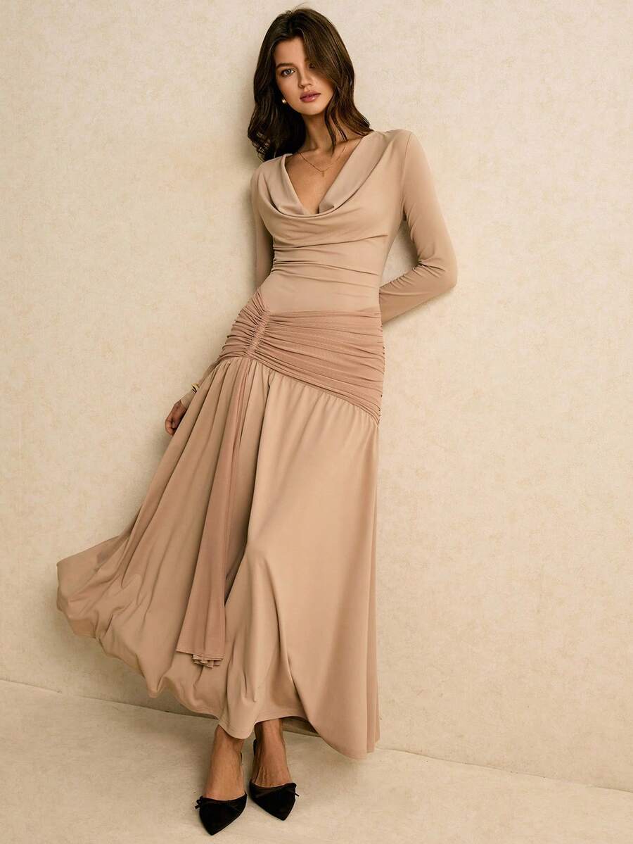 Poéselle 女式纯色低胸长袖抽绳优雅连衣裙 - 棕色 - 查看 1