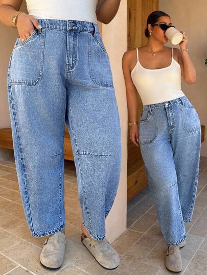 Dripcurv 大码女式浅蓝色复古锥形宽松休闲牛仔裤，带口袋，非常适合秋冬季节穿着。这款冬季牛仔裤散发着复古的富贵气息，适合日常穿着和新年装扮。