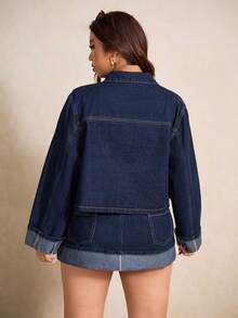 Elaquor Plus Size Women 2 Pieces Set: Long Sleeve Single-Breasted Jacket And Denim Midi Skirt, Casual Mom Navy Blue Autumn - Dark Wash - View 4