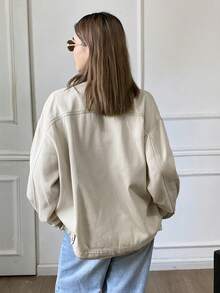 DAZY 西部牛仔拼接撞色铆钉装饰宽松翻领长袖休闲街头秋冬女夹克 - 粉色 - 查看 2