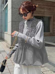 FRIFUL 女式黑色无袖拼接毛绒面料褶皱设计宽松休闲百搭分层背心，秋季 - 灰色 - 查看 4