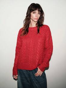 SHEIN LUNE 2025 Women's Autumn Red Oversized Sweater,Chunky Cable Knit Fashion Retro Style Holiday Christmas Everyday Knit Sweater - Red - View 3