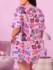 Mean Girls | SHEIN 大码全印花睡衣连衣裙，哞哞睡裙 - 粉色 - 查看 2