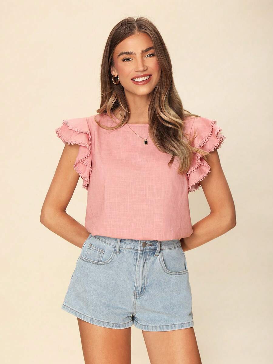 SHEIN LUNE 素色蝴蝶袖襯衫 - 粉色 - 查看 1