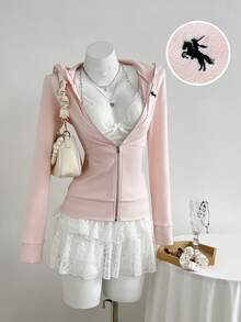 Elamini Women's Hooded Zip-Up Embroidered Fitted Long Sleeve Jacket - Pink - View 3