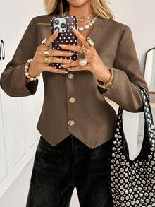 Siren Gaze Women's V-Neck Front Button Elegant Office Wear Long Sleeve Blazer Winter Brown Casual - Brown - View 5