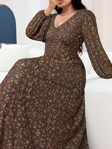 Modelyn 加大码优雅碎花长裙，适合通勤 - 棕色 - 查看 4