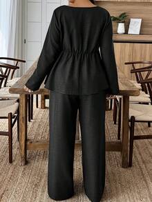 Weeklong 2pcs Set Square Neck Scalloped Hem Faux Linen Pants Suit - Black - View 2
