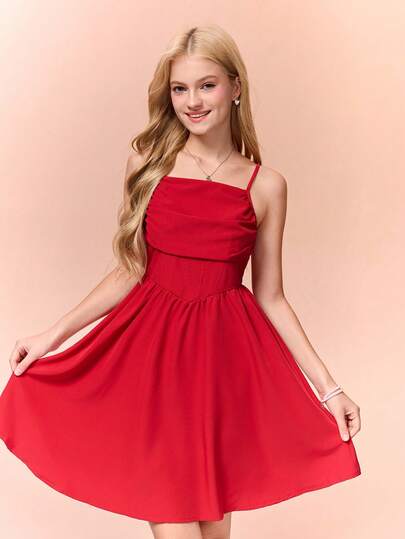 SHEIN 少女夏季休闲纯色褶皱胸围腰部收紧吊带背心连衣裙