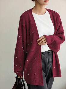 Dazy-Less Áo khoác cardigan len kim sa lấp lánh, rộng rãi, thoải mái cho nữ, có dây rút ở eo, thích hợp mặc đi làm, đi chơi, mặc ở nhà vào mùa thu/đông, Giáng sinh, năm mới - Màu Đỏ Sâu - Xem 3