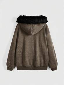 ROMWE Fairycore 女款 Kpop 秋冬百合花十字架水钻做旧拉链卫衣 - 棕色 - 查看 2