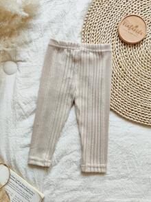 Vintaside Kids 1pc Baby Girls' Spring/Autumn New Asymmetrical Ribbed Apricot Tight Ankle Embroidered Design Simple Versatile Homewear Leggings For Toddler - Apricot - View 2