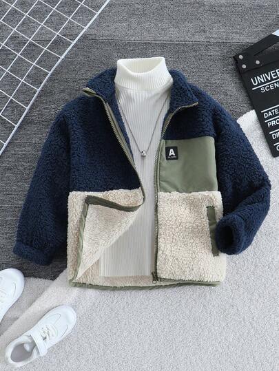SHEIN Genkimix Kids Young Boy's Letter Graphic Colorblock Long Sleeve Loose Fit Casual Jacket, Fall Winter,Holiday,Summer,Travel