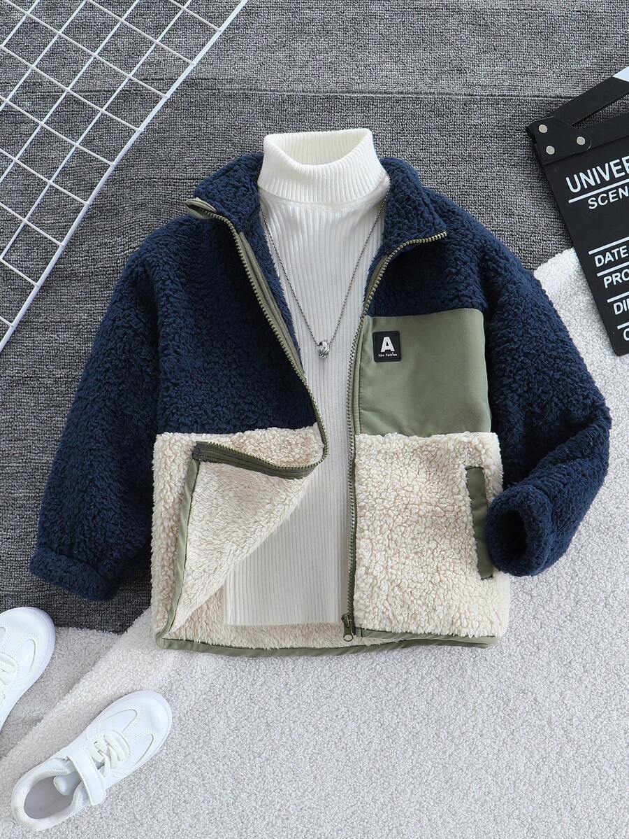 SHEIN Genkimix Kids Áo khoác thường ngày dáng rộng tay dài họa tiết chữ của chàng trai trẻ, mùa thu đông - Xanh đậm - Xem 1