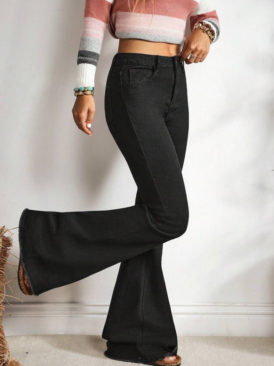 EMERY ROSE Women's Casual Washed Slim Fit Flare Leg Jeans Flared Jeans For Women Black Flared Pants Wide Leg Jeans, Tall Women - Black - View 1
