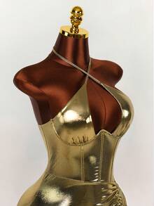 Amplova 女士金属质感镂空抽绳设计露背性感派对迷你连衣裙 - 金色 - 查看 3