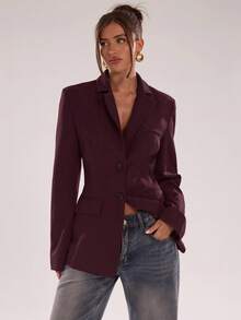 SHEIN BAE Women's Solid Color Front Button Fitted Long Sleeve Blazer - Red Violet - View 7