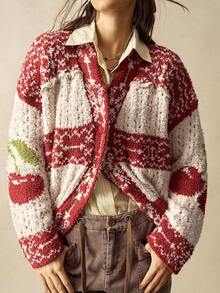 Bohemela 波西米亚风秋冬外套，女士圣诞红色休闲宽松樱桃图案落肩长袖超大款开衫，西部乡村风格音乐会度假装扮，适合度假、日常穿着、返校和外出，圣诞节 - 彩色 - 查看 8