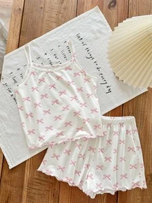SHEIN Tween Girls Minimalist Bow Print Camisole & Short Sleeve Casual Pajama Set, 2pcs, Summer