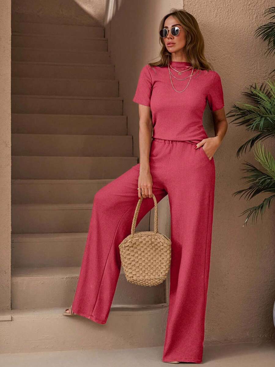 SHEIN Cottnline TEXTURE SOLID COLOR TSHIRT & STRETCH ELASTICAL FIT WAIST STRAIGHT TEXTU PANT CO ORD SET - Rusty Rose - View 1